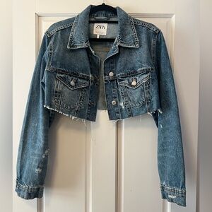 Zara Women's Cropped Distressed Blue Denim Jacket